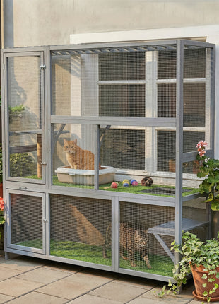 Catio Outdoor Cat Enclosure, 77" H Wooden Cat House with Weatherproof Roof, Platforms and Scratching Post