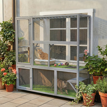 Catio Outdoor Cat Enclosure, 77" H Wooden Cat House with Weatherproof Roof, Platforms and Scratching Post