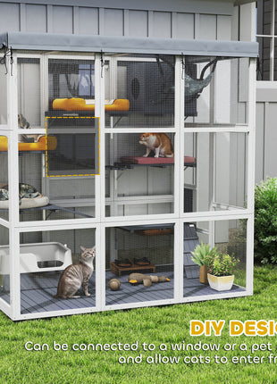 Large Outdoor Catio Cat Enclosure with Hammock, Condo, Jump Platforms, Ladders, Ramps, Tarp, for 2-4 Large Cats, Gray