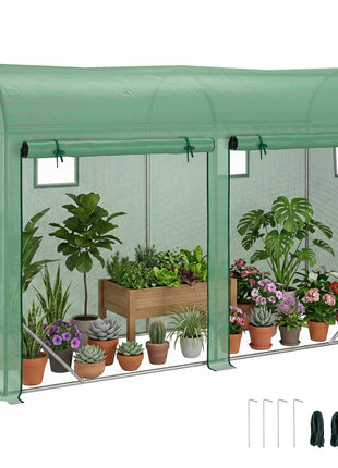 10' x 3' x 7' Walk-in Lean-to Greenhouse, Steel, 4 Zipper Roll-up Windows & 2 Doors, UV Protecting PE Cover for Growing Flowers, Vegetables, Tropical Plants, Saplings, Succulents, Green