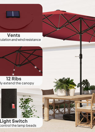 Garden Parasol 14.4ft Double-Sided Sun Umbrella with Base, Patio Parasol with LED Solar Lights, Wine Red