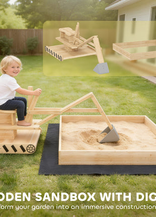 Wooden Sandbox with Digger, Kids Sandbox with 360° Rotating Seat & Bottom Liner, 72" x 35" x 22"
