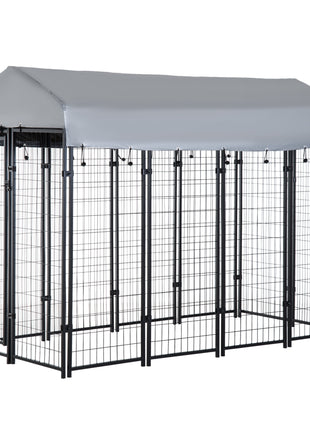 Outdoor Dog Kennel with Roof, 8' x 4' x 6' Heavy Duty Welded Wire Dog Playpen Enclosure with Escape-proof Lock, UV-Resistant & Waterproof Cover, for Large Dogs, Silver