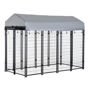 Outdoor Dog Kennel with Roof, 8' x 4' x 6' Heavy Duty Welded Wire Dog Playpen Enclosure with Escape-proof Lock, UV-Resistant & Waterproof Cover, for Large Dogs, Silver