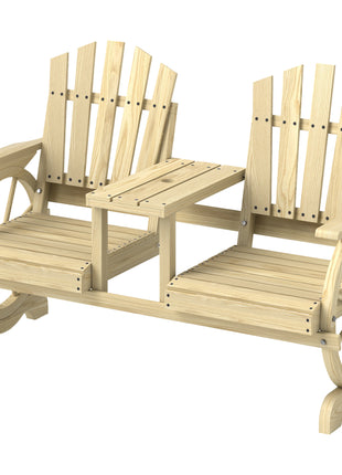 2-Seat Wooden Garden Bench with Table, Umbrella Hole, High Backrest, Armrests for Backyard, Patio, Garden, Natural Wood