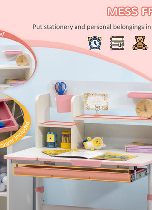 Wooden Kids Study Desk, Height Adjustable Children School Study Table, Student Writing Desk with Tilt Desktop, Drawer, Storage Shelf, Pen Holder, Pink