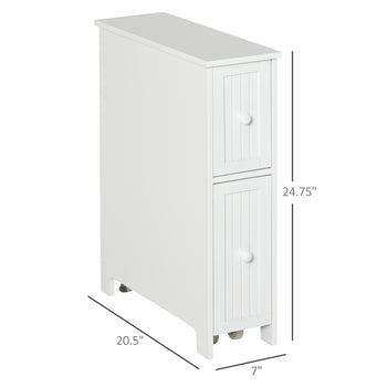 Slim Bathroom Cabinet, Freestanding Storage Cabinet, Toilet Paper Holder with Two Drawers, Side Towel Rack, and Wheels, 7 x 20.5 x 24.75 Inches, White