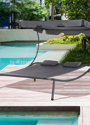 Patio Double Chaise Lounge Chair, Outdoor Wheeled Hammock Daybed with Adjustable Canopy and Pillow for Sun Room, Garden, or Poolside, Grey