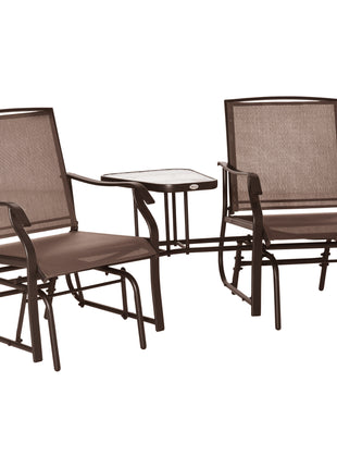 Outdoor Glider Chairs with Coffee Table, Patio 2-Seat Rocking Chair Swing Loveseat with Breathable Sling for Backyard, Garden, and Porch, Coffee Brown
