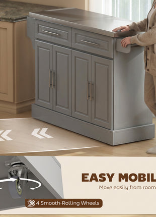 Rolling Kitchen Island Cart with 47" Stainless Steel Top, Portable Island Table for Kitchen with Wheels, Adjustable Shelves, 2 Drawers, Spice, Knife and Towel Rack, Gray