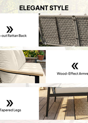3 Seater Outdoor Patio Sofa, Outdoor Couch with Wood-Effect Armrests, Wicker Backrest, Cushions for Garden Yard, Khaki