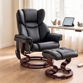 Massage Recliner Chair with Footrest, Swivel Armchair, Wrapped Wood Base, 10 Massage Points, Faux Leather, Black