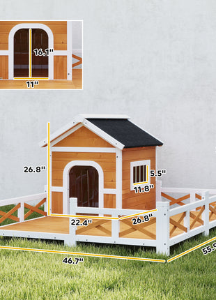 Outdoor Wooden Dog House, Dog Shelter with Large Porch, Weatherproof & Openable Roof, Elevated Base, Removable Floor