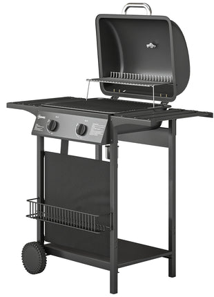 2 Burner Propane Gas Grill, 18000 BTU BBQ Grill with Wheels, Warming Rack, Shelf, Thermometer, Grease Cup, Black