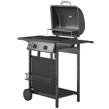 2 Burner Propane Gas Grill, 18000 BTU BBQ Grill with Wheels, Warming Rack, Shelf, Thermometer, Grease Cup, Black