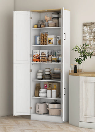 Freestanding Kitchen Pantry, 4-Door Kitchen Pantry Cabinet with Adjustable Shelves and Doors, Distressed White