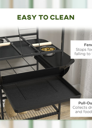 Bird Stand with Wheels, Perches, Stainless Steel Feed Bowls, Pull-Out Tray for Indoor Outdoor Small Parrot, Dark Gray