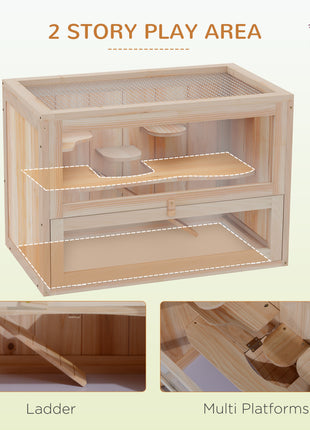 2-Level Hamster Cage Mice and Rat House, Small Animal Habitat for Guinea Pigs, Chinchillas with Openable Top, Front Door, Shelf and Ladder, Natural