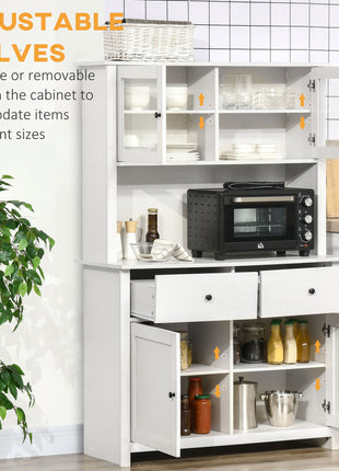 63.5" Kitchen Buffet with Hutch, Pantry Storage Cabinet with 4 Shelves, Drawers, Framed Glass Doors, Open Microwave Countertop, Antique White