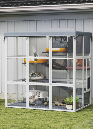 Large Outdoor Catio Cat Enclosure with Hammock, Condo, Jump Platforms, Ladders, Ramps, Tarp, for 2-4 Large Cats, Gray