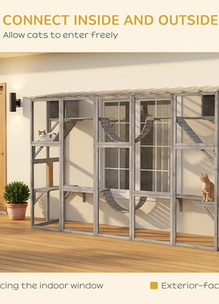 Catio Playground Cat Window Box Outside Enclosure for Multiple Cats w/ Shelves & Bridges, Gray