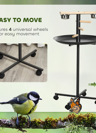 Portable Bird Play Stand, Parrot Perch Bird Feeder Station with Wheels, Stainless Steel Feeding Bowls, Tray, Gray