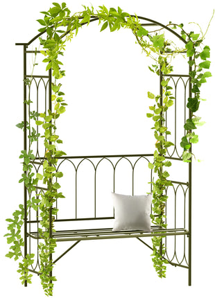Metal Trellis Arbor Arch for Climbing Plants with Garden Bench, Grow Grapes and Vines, Decorative Seating,  Black