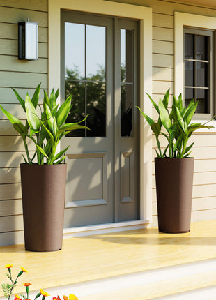 29 Inch Outdoor Planter, Set of 2 Plastic Flower Pots, Weather and UV Resistant Stackable Large Planters, Brown