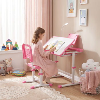 Kids Desk and Chair Set with USB Light, Storage Drawer, Pink