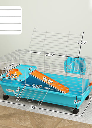 35"L Small Animal Cage, Rolling Bunny Cage, Guinea Pig Cage with Wheels, Food Dish, Water Bottle, Hay Feeder, Blue