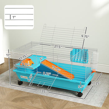 35"L Small Animal Cage, Rolling Bunny Cage, Guinea Pig Cage with Wheels, Food Dish, Water Bottle, Hay Feeder, Blue