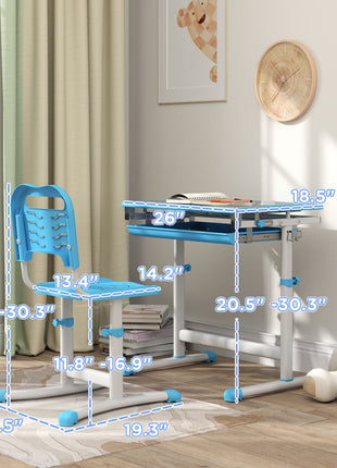 Height Adjustable Kids Desk and Chairs Set with Tilt Desktop, Storage Drawer, Pen Slot, Hook, Blue
