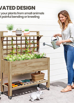 41" Raised Garden Bed Mobile Elevated Wooden Planter Box Stand with Wheels, Trellis and Storage Shelf, Dark Brown