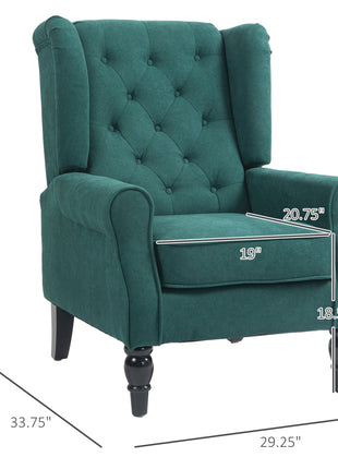 Wingback Accent Chair for Living Room, Button-Tufted Lounge Chair with Round Armrests and Wood Legs, Dark Green