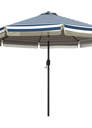 9ft Patio Umbrella Outdoor Table Umbrella w/ Tilt, Crank, Ruffled, 8 Ribs for Garden, Deck, Pool, Blue Stripe