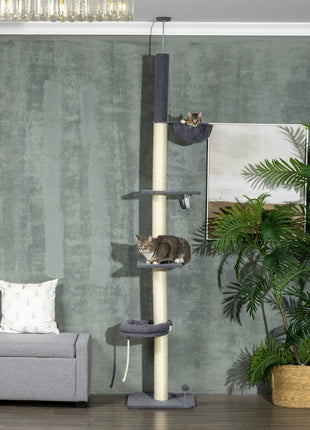 Floor To Ceiling Cat Tree, 5-Tier Cat Climbing Tower, 95''-106'' Height Adjustable with Carpeted Platforms, Cozy Bed, Hammock, Scratching Post & Toy Ball for Indoor Cats, Dark Gray and Cream
