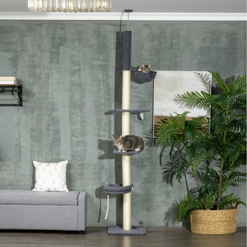 Floor To Ceiling Cat Tree, 5-Tier Cat Climbing Tower, 95''-106'' Height Adjustable with Carpeted Platforms, Cozy Bed, Hammock, Scratching Post & Toy Ball for Indoor Cats, Dark Gray and Cream