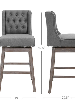 Bar Height Bar Stools Set of 2, 180 Degree Swivel Barstools with Solid Wood Footrests and Button Tufted Design, 30" Seat Height Bar Chairs for Kitchen Island, Gray