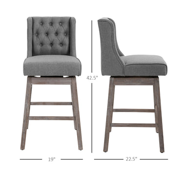 Bar Height Bar Stools Set of 2, 180 Degree Swivel Barstools with Solid Wood Footrests and Button Tufted Design, 30" Seat Height Bar Chairs for Kitchen Island, Gray