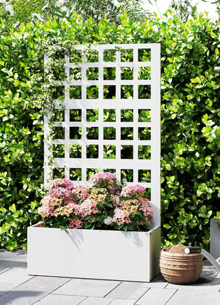 Galvanized Raised Garden Bed Planter Box with Trellis for Climbing Plants, Vegetable, Vines, 24" x 9" x 44.5", White