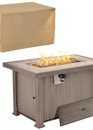 Propane Fire Pit Table, 30,000 BTU 42" Wicker-Effect Gas Fire Table, Auto-Ignition Rectangular Outdoor Firepit with Lid, Ceramic Tabletop, Lava Rocks and Rain Cover, CSA Certification, Gray