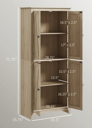 72" Freestanding Kitchen Pantry Cabinet, Farmhouse Tall Storage Cabinet with 4 Door Cabinets and Adjustable Shelves for Dining Room, Natural