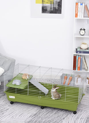 47" Small Animal Cage Chinchilla Guinea Pig Hutch Pet House with Platform Ramp, Food Dish, Wheels, & Water Bottle