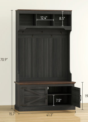 3-in-1 Hall Tree with Shoe Storage, Coat Rack with Bench, Entryway Furniture with Five Hooks, Black Wood Grain