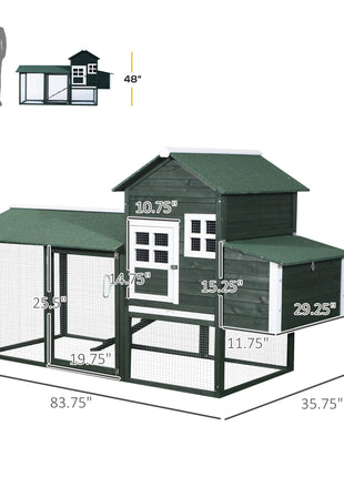 84" Wooden Chicken Coop, Hen House Outdoor with Run Nesting Box, Asphalt Roof, Removable Tray, Ramp, Poultry Cage for 2-3 Chickens, Green