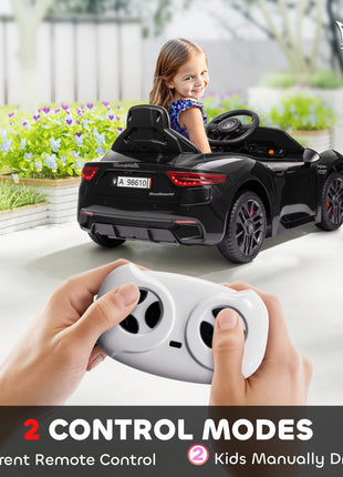 Maserati Gran Turismo Licensed 12V Kids Electric Car w/ Remote Control, Soft Start, LED Lights, Music, Horn, Black