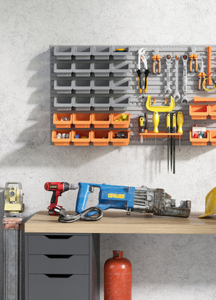 44 PCS Wall Mounted Pegboard Tool Organizer Rack Kit with Various Sized Storage Bins, Pegboard and Hooks, Orange