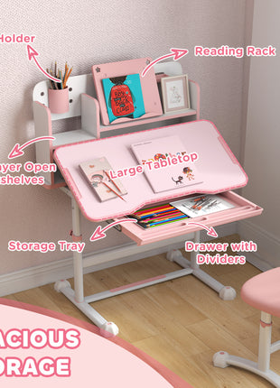 Height Adjustable Kids Desk and Chair Set for Writing Drawing w/ Tilt Desktop, Storage Drawer and Reading Rack, Pink