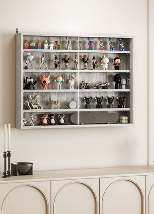 5-Tier Display Cabinet, Wall-Mounted Display Case with 2 Glass Doors and Adjustable Shelves, Gray