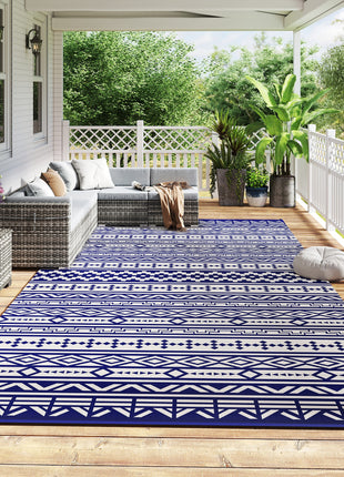 Reversible Outdoor Rug, Waterproof Plastic Straw with Carry Bag, 9' x 18', Blue & White Geometric Wall